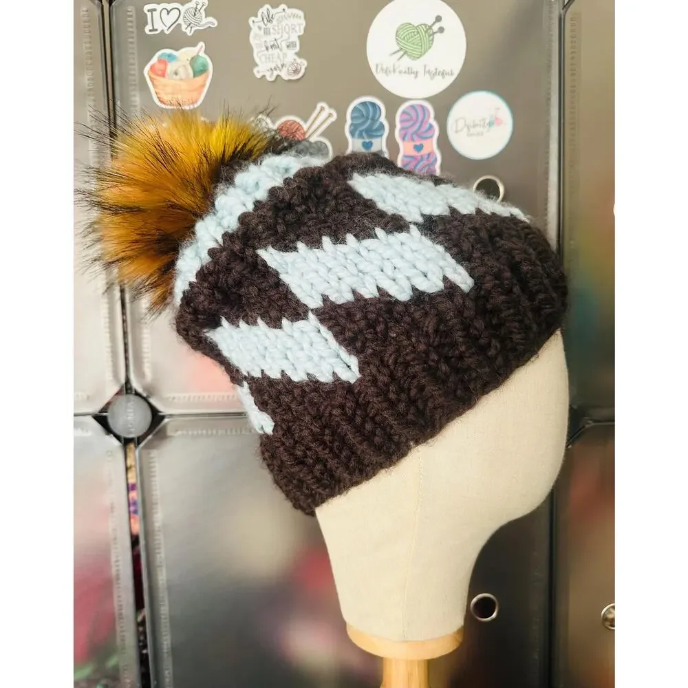 Hand Knit Tilt A Whirl Beanie: Cozy Winter Hat with Faux Fur Pom